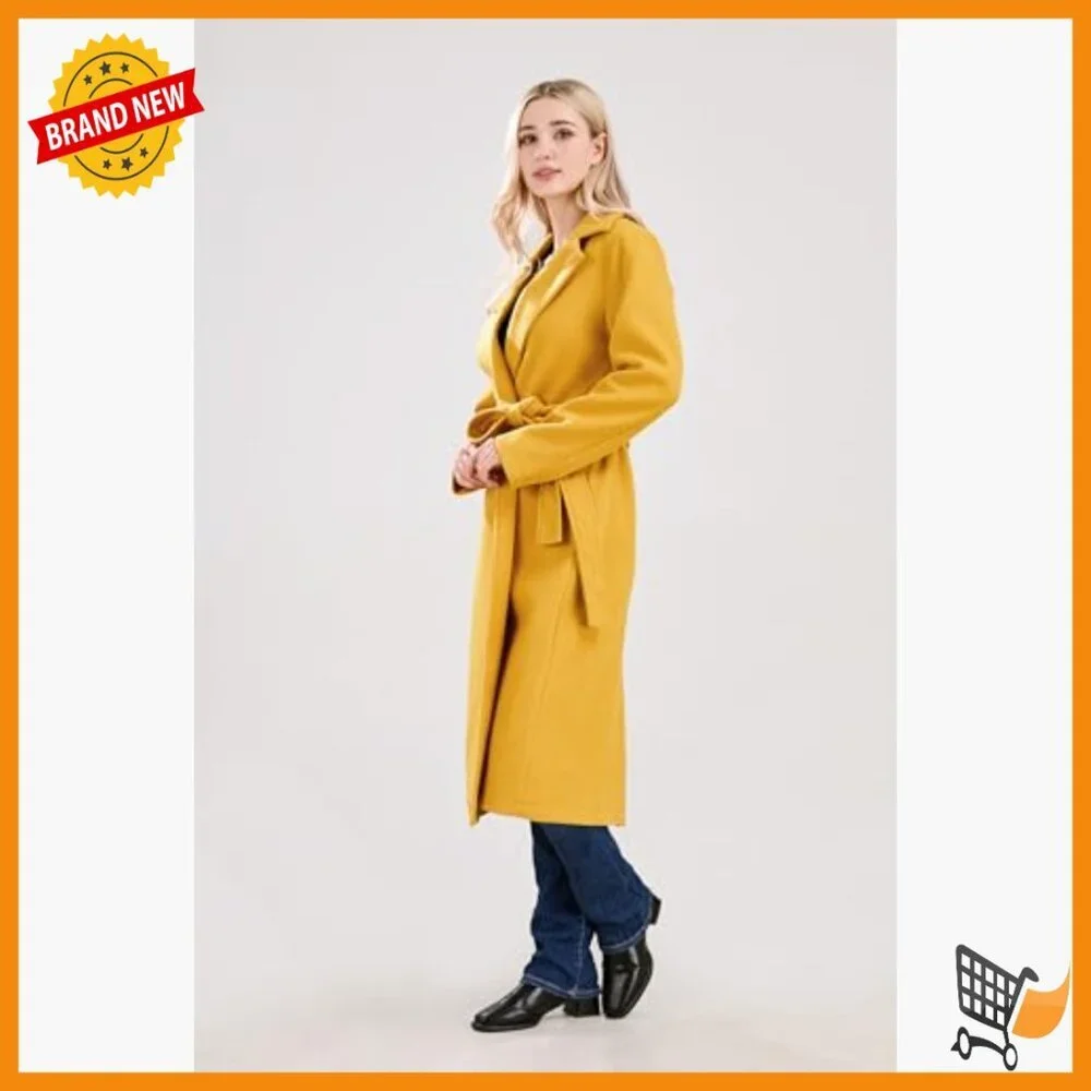 Long Wool Blend Pea Coat with Belt, Notched Collar, Open Front Trench Style